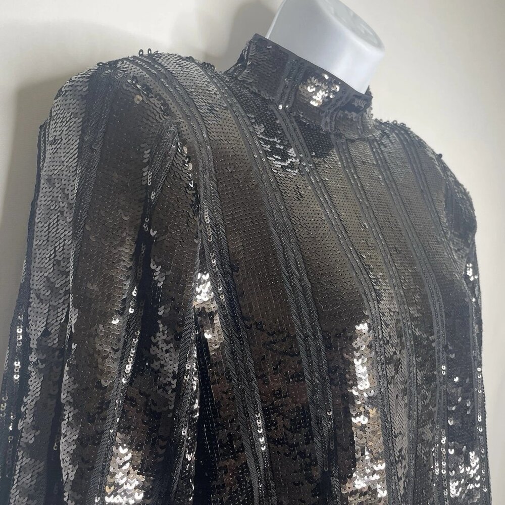 Express Black Sequin Statement Blouse Top Size S Mock Neck Padded Shoulders - Picture 4 of 8